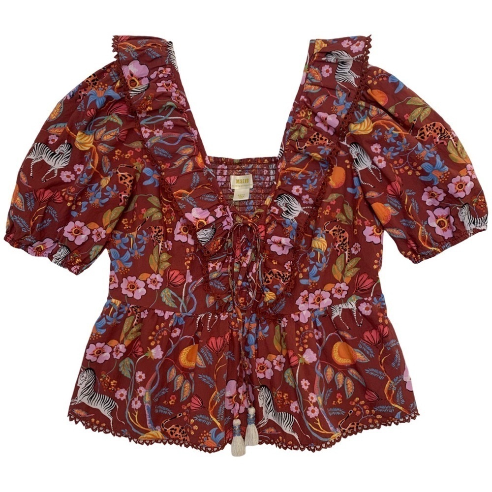 Maeve by Anthropology Ruffled Tie-Front Blouse Brown Motif Floral Zebra Pattern